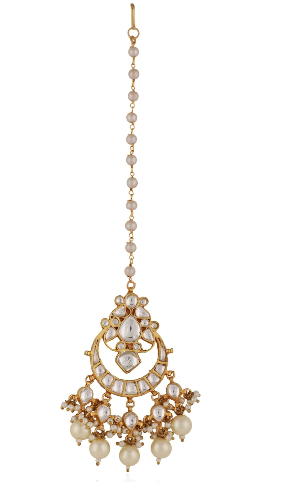 Gold Plated White Stone and Pearl Maang Tikka Riana by Shikha Jindal - Fabilicious Fashion