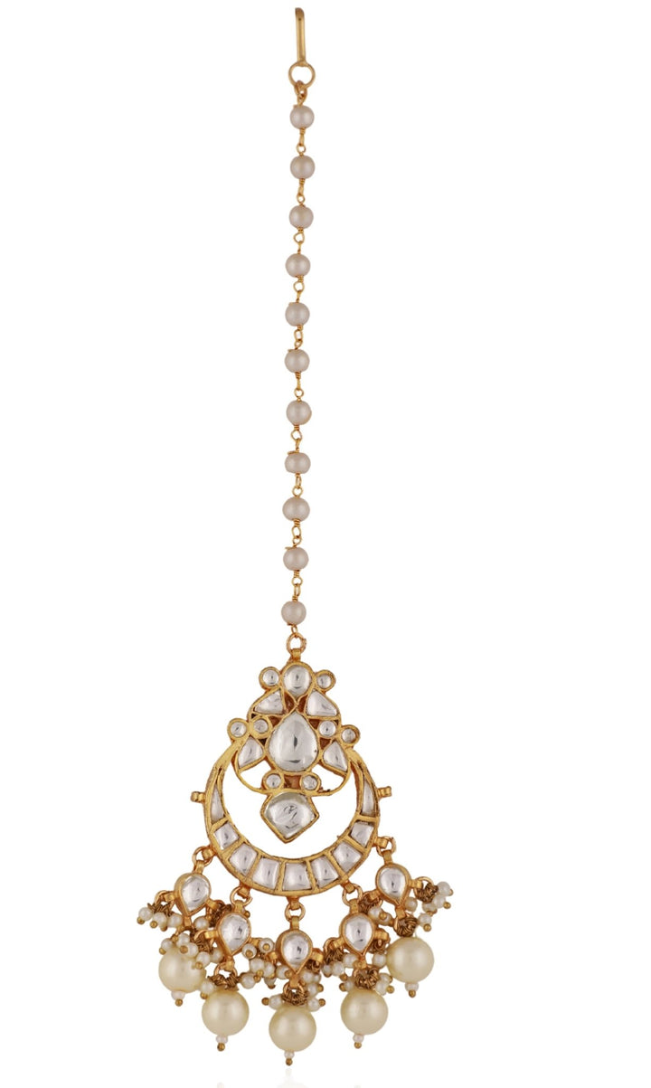 Gold Plated White Stone and Pearl Maang Tikka Riana by Shikha Jindal - Fabilicious Fashion