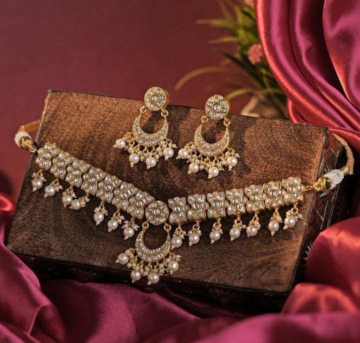 Gold Plated White Stone And Pearl Necklace Set Kalyani Indian Jewelry - Fabilicious Fashion