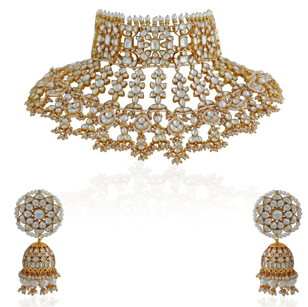 Gold Plated White Stone Bridal Necklace Set Riana by Shikha Jindal - Fabilicious Fashion