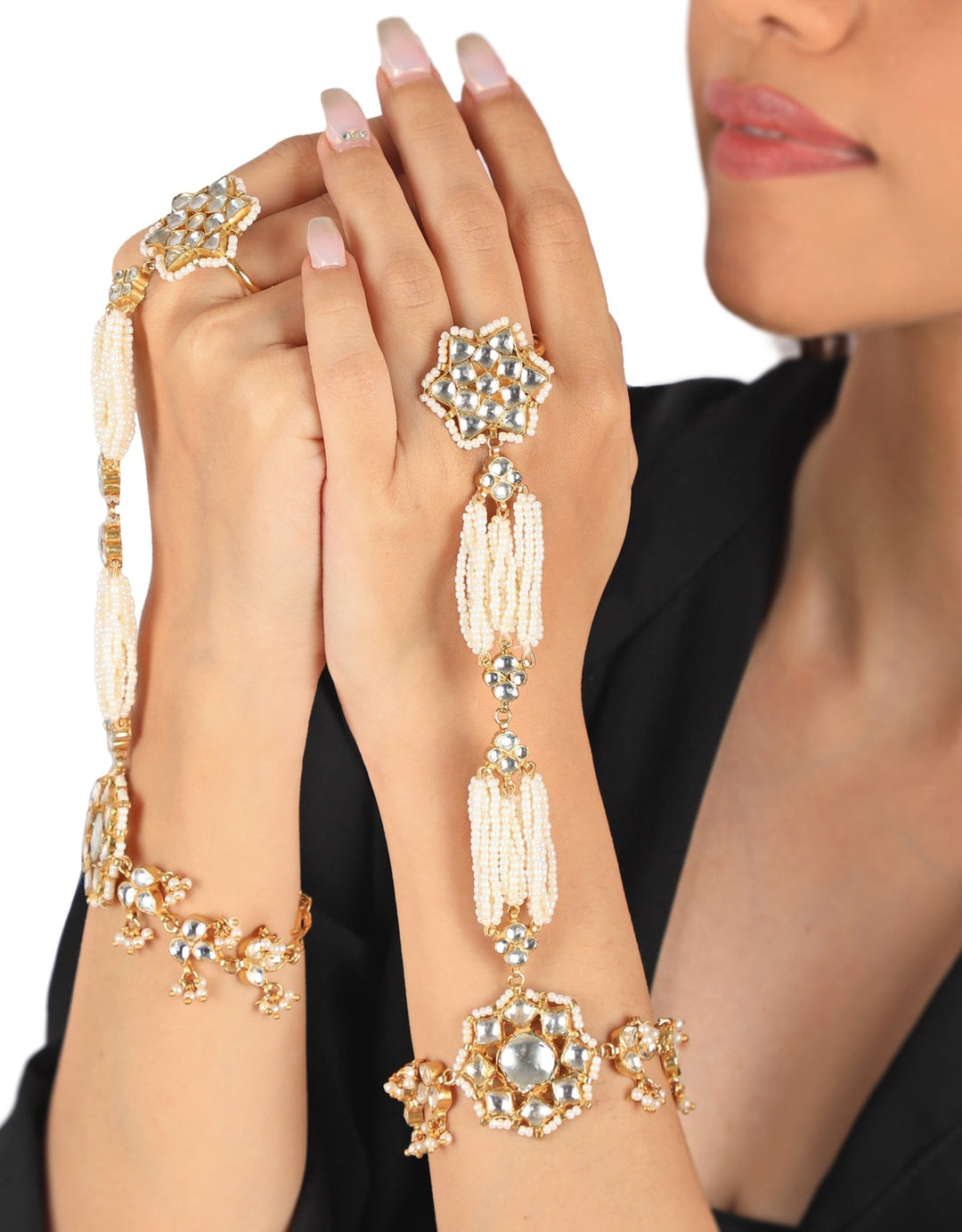 Gold Plated White Stone Floral Hathphool Riana by Shikha Jindal - Fabilicious Fashion