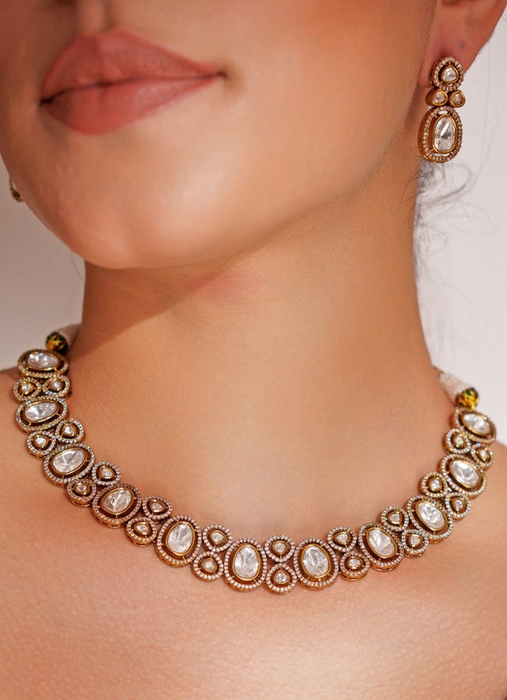 Gold Plated Zircon Necklace Set With Earrings Zevar by Geeta - Fabilicious Fashion