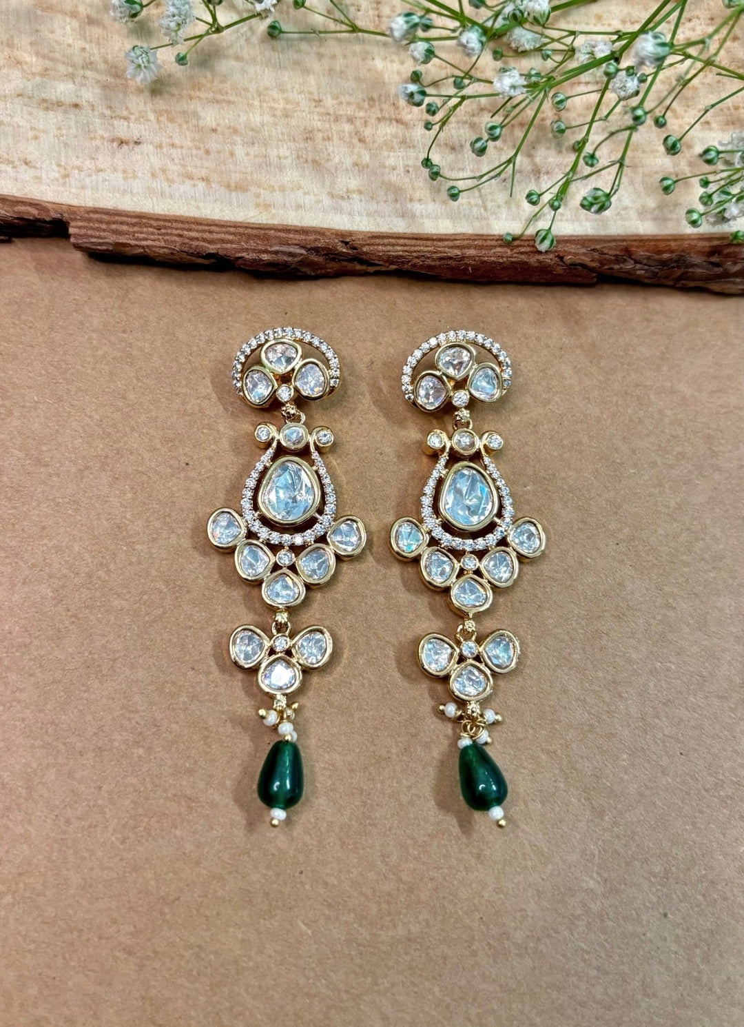 Naymee Gold Polki Dangler With Green AccentsFabilicious Fashion