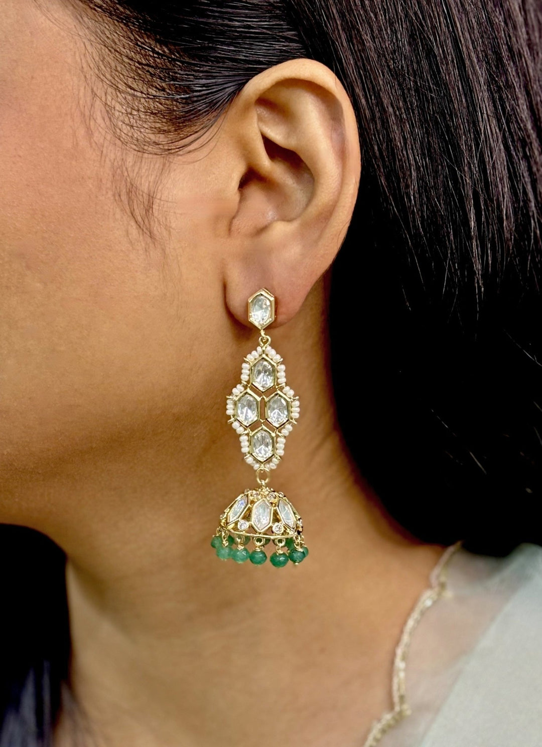Naymee Gold Polki Earrings With Green BeadsFabilicious Fashion