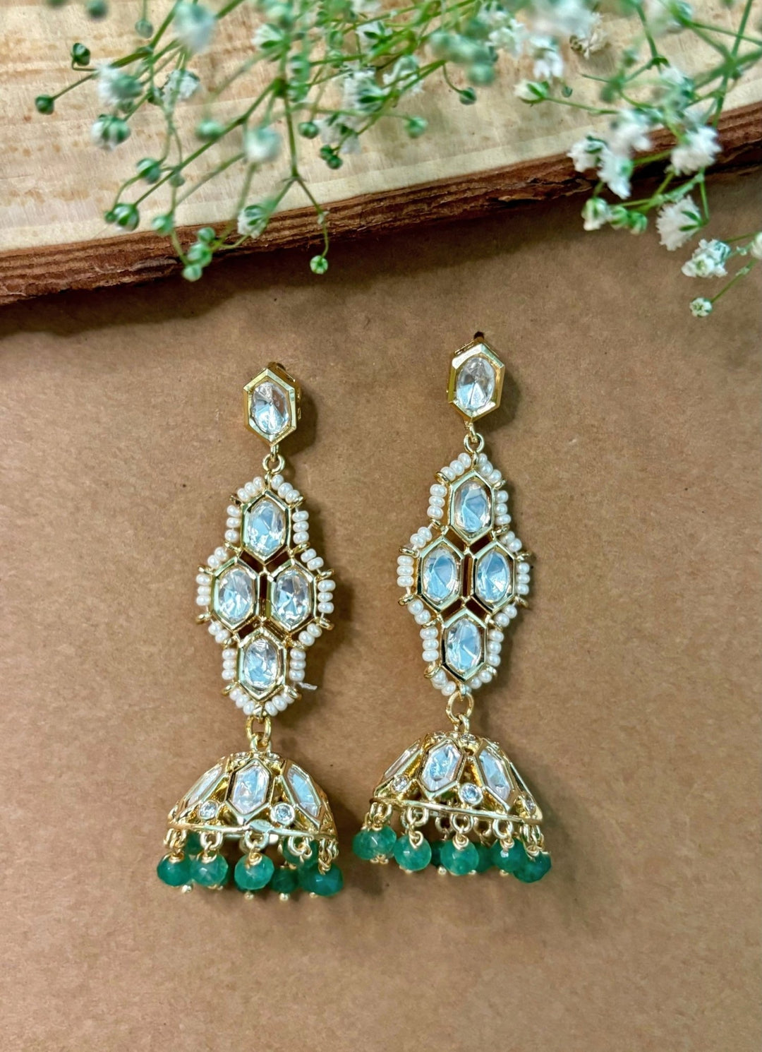 Naymee Gold Polki Earrings With Green BeadsFabilicious Fashion
