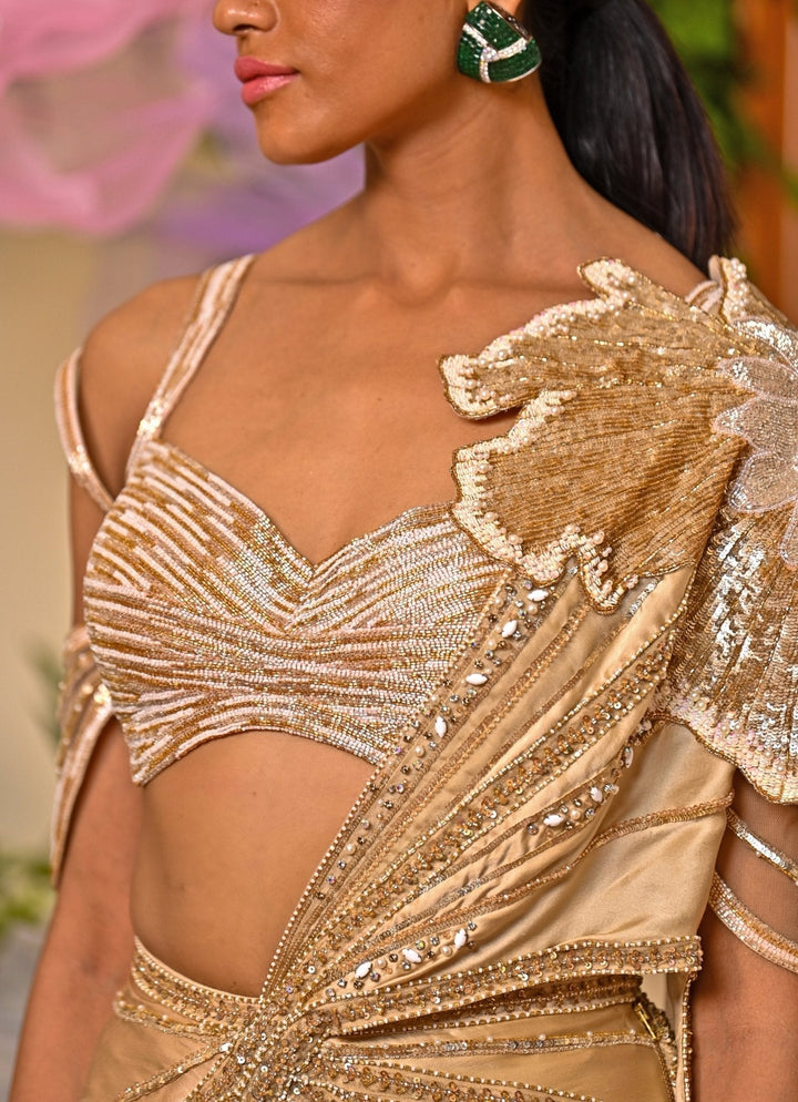 Gold Pre - Draped And Floral Applique Silk Satin Saree Moledro - Fabilicious Fashion