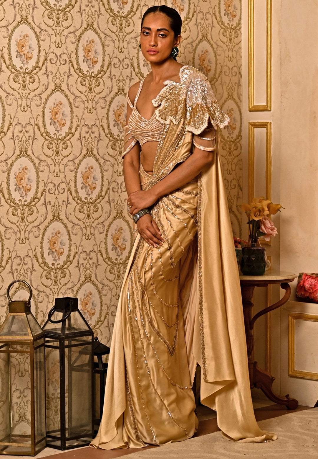 Gold Pre - Draped And Floral Applique Silk Satin Saree Moledro - Fabilicious Fashion