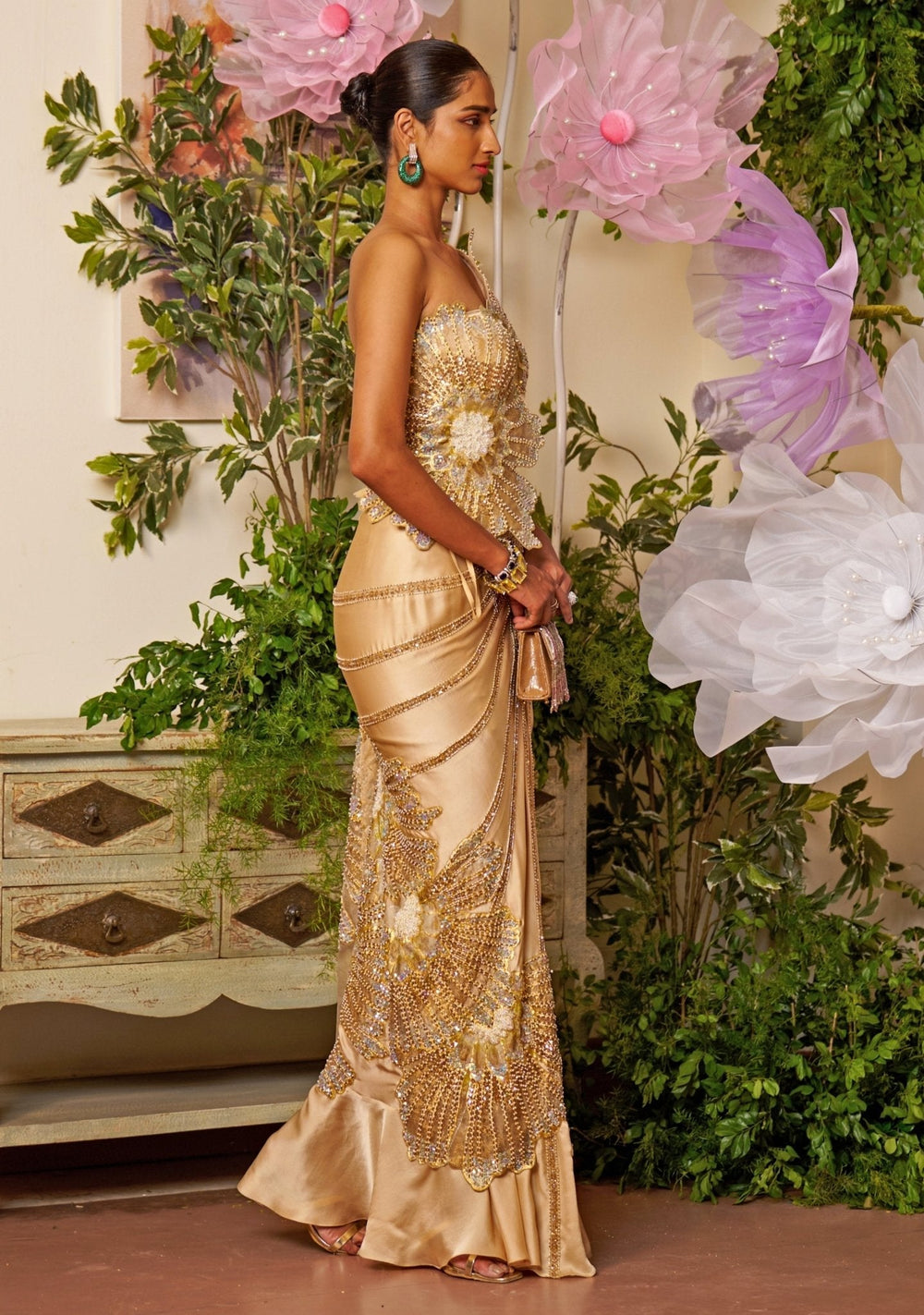 Gold Pre - Draped Floral Appliqué Silk Satin Saree Moledro - Fabilicious Fashion
