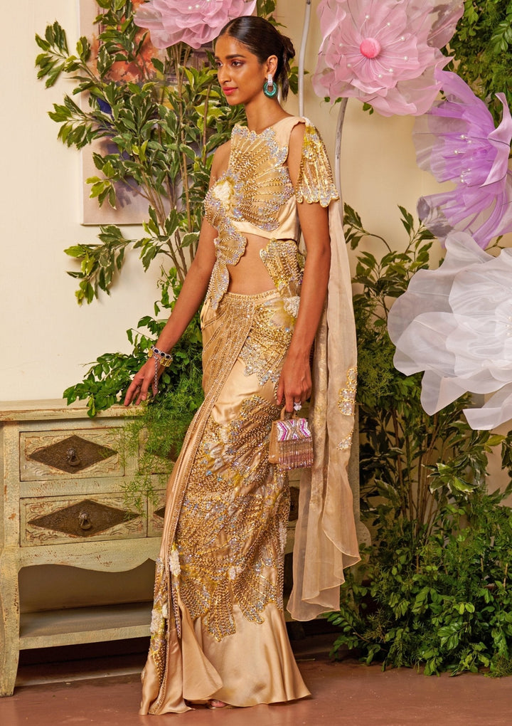 Gold Pre - Draped Floral Appliqué Silk Satin Saree Moledro - Fabilicious Fashion