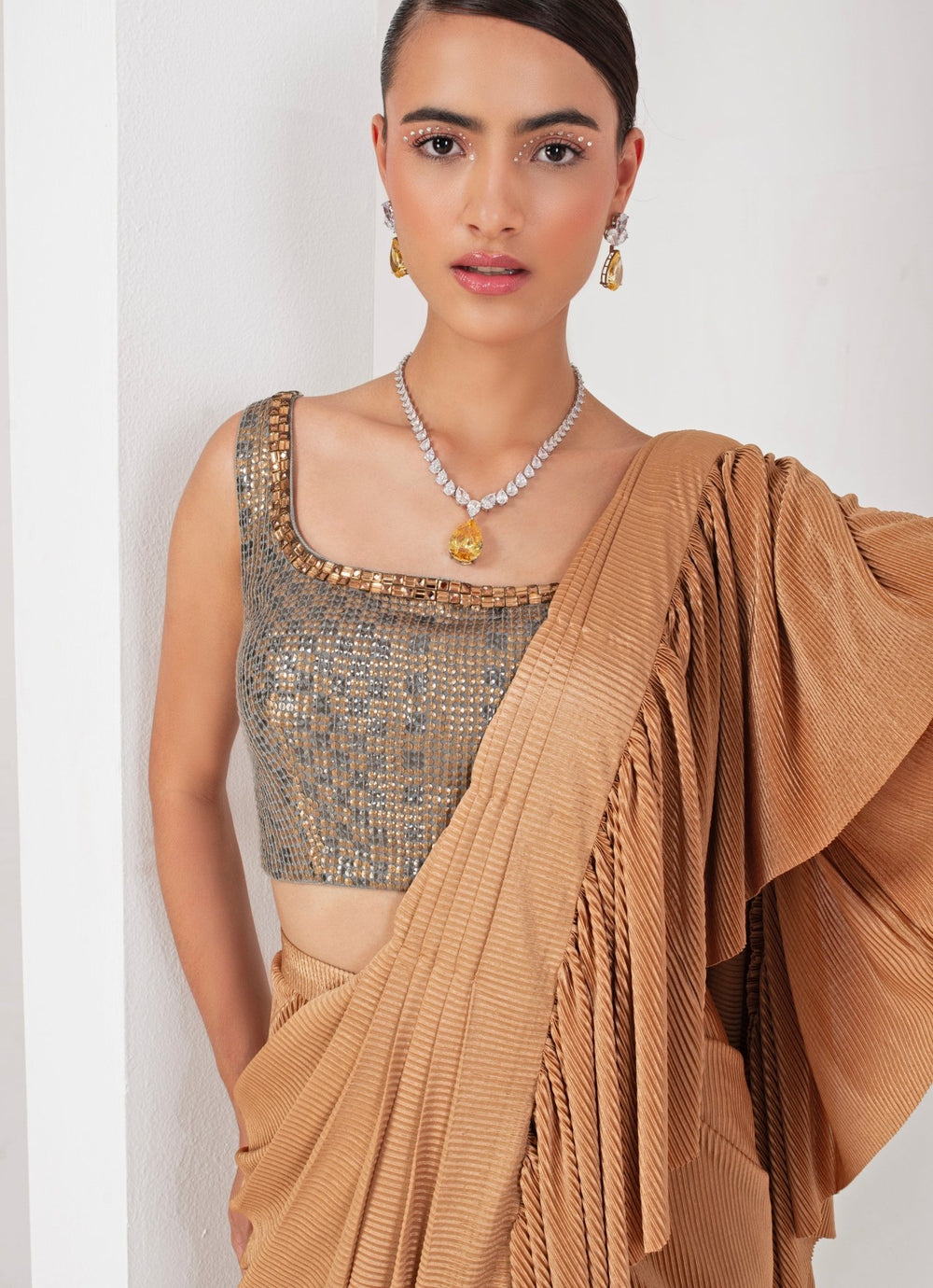 Gold Pre - Draped Lycra Saree Set Akara - Fabilicious Fashion
