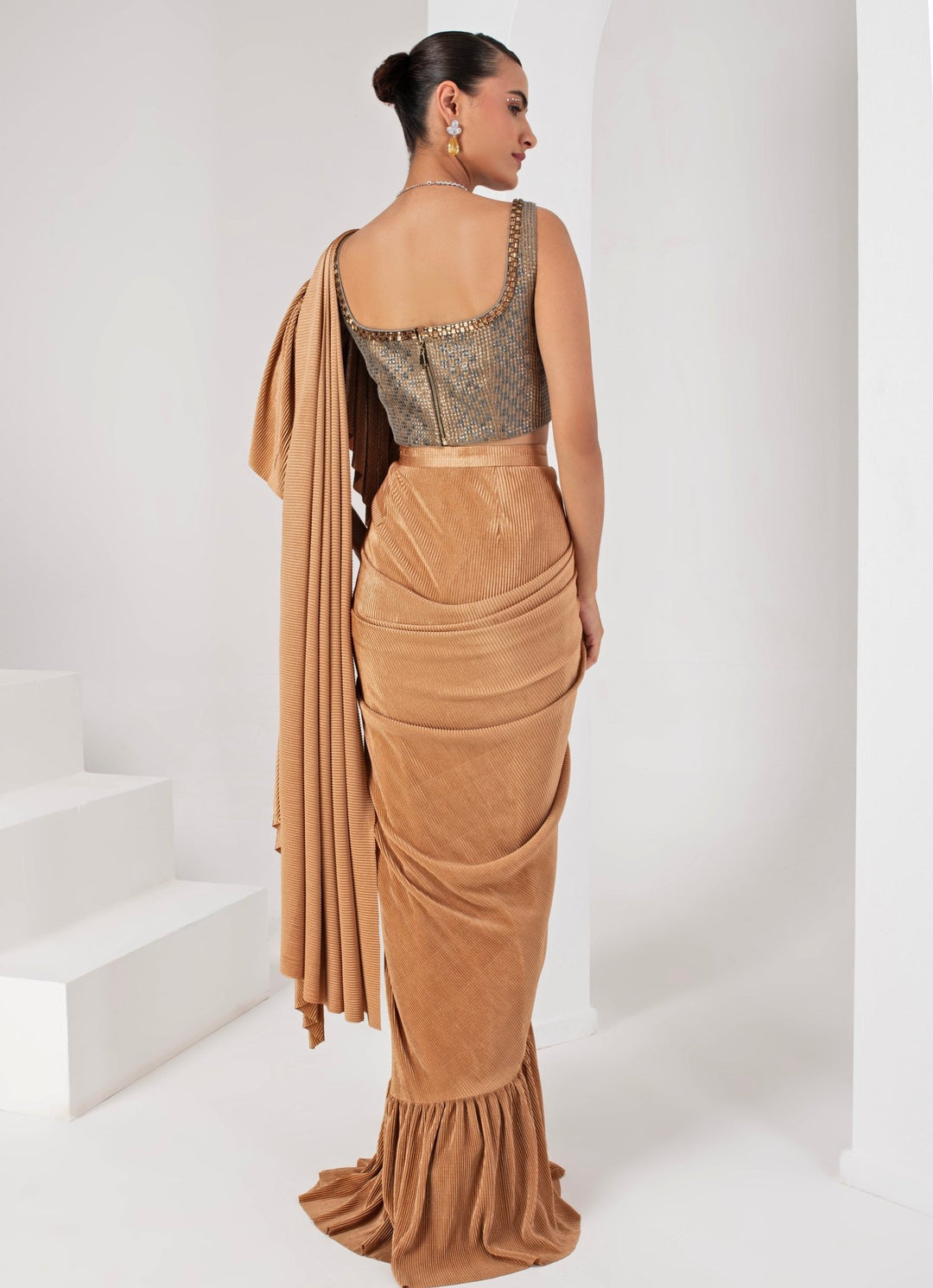Gold Pre - Draped Lycra Saree Set Akara - Fabilicious Fashion
