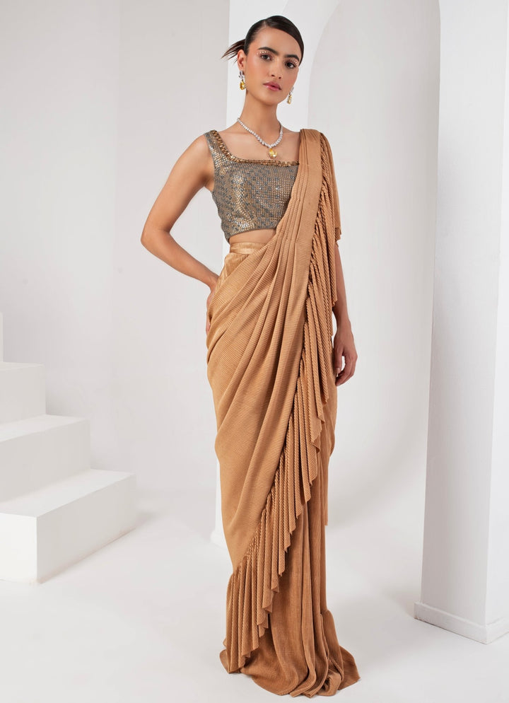 Gold Pre - Draped Lycra Saree Set Akara - Fabilicious Fashion