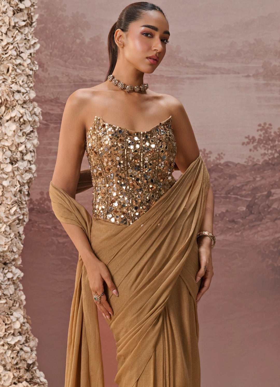 Parul Gandhi Gold Predraped Chinon Saree With Corset BlouseFabilicious Fashion