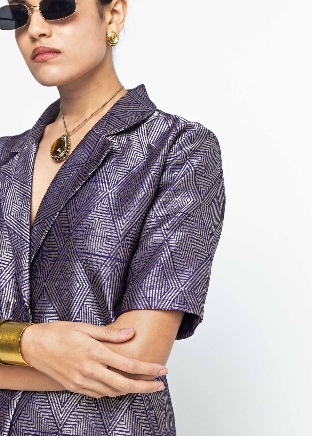 Gold Purple Silk Handwoven Wrap Blazer With Pants Sobariko - Fabilicious Fashion
