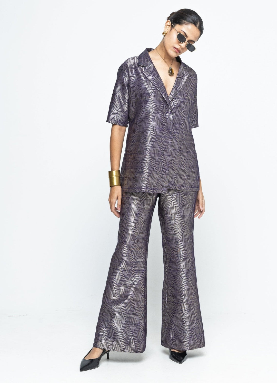 Gold Purple Silk Handwoven Wrap Blazer With Pants Sobariko - Fabilicious Fashion