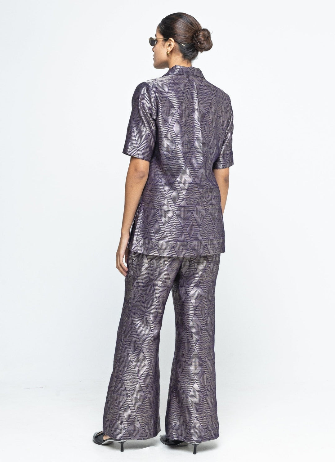 Gold Purple Silk Handwoven Wrap Blazer With Pants Sobariko - Fabilicious Fashion