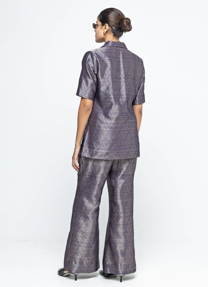 Gold Purple Silk Handwoven Wrap Blazer With Pants Sobariko - Fabilicious Fashion