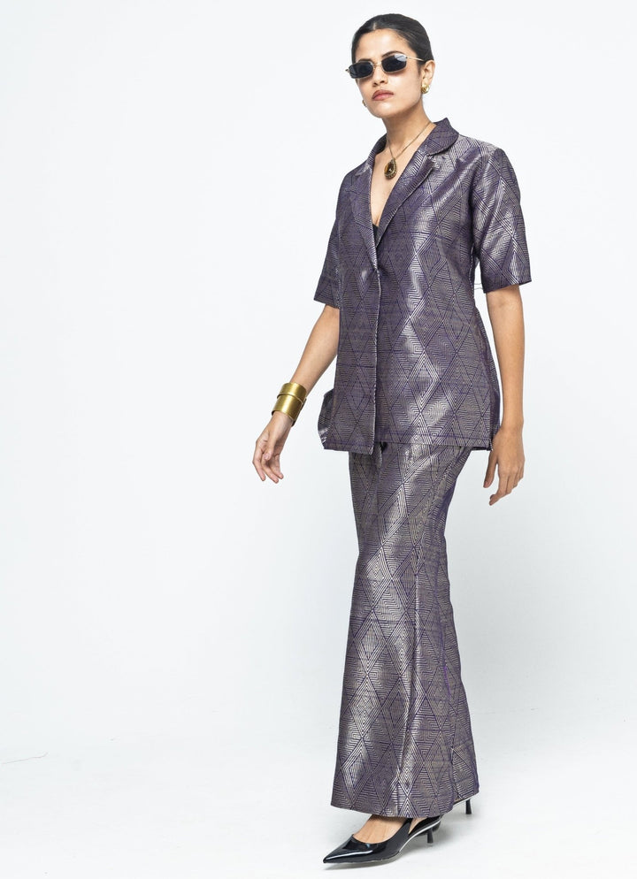 Gold Purple Silk Handwoven Wrap Blazer With Pants Sobariko - Fabilicious Fashion