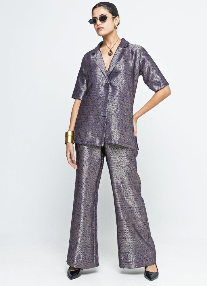 Gold Purple Silk Handwoven Wrap Blazer With Pants Sobariko - Fabilicious Fashion