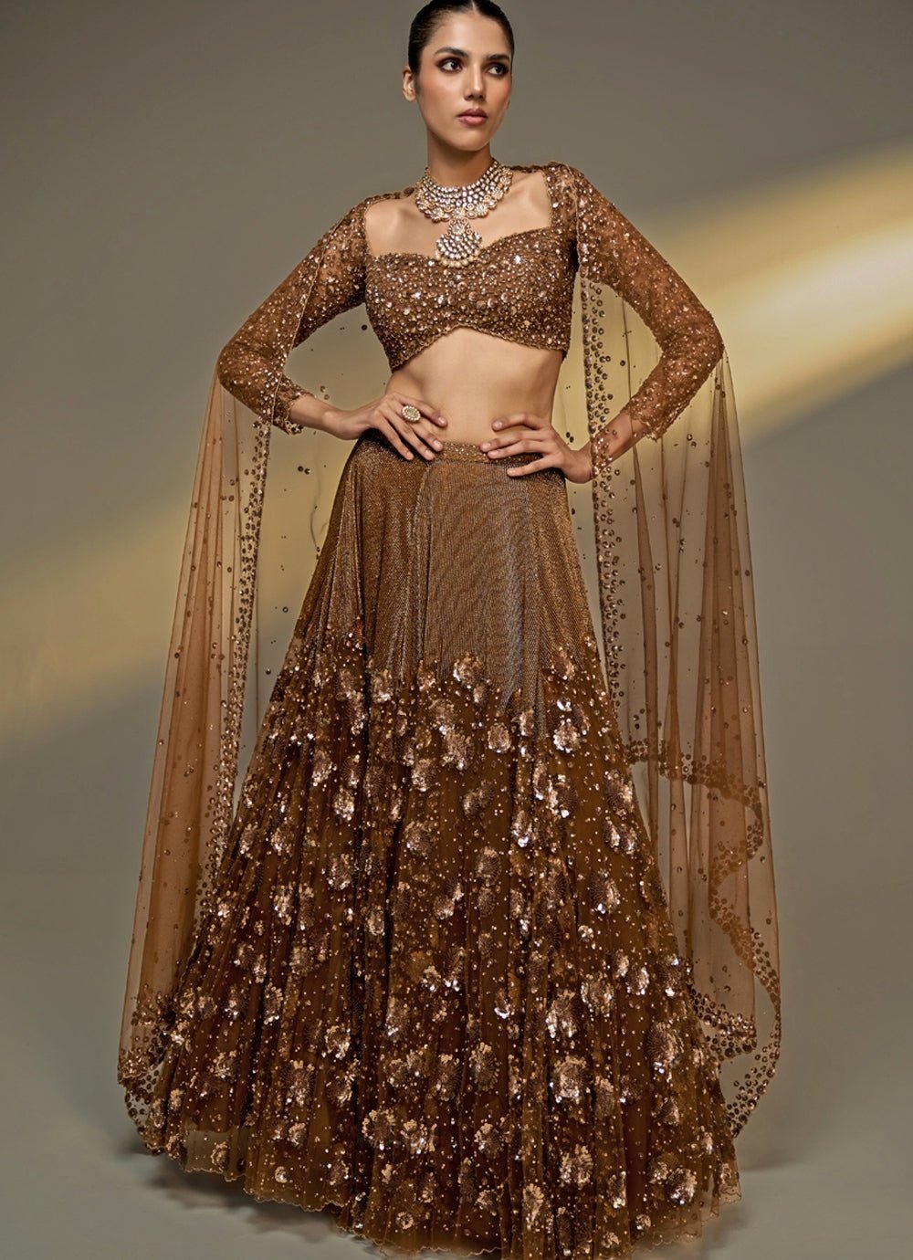 Gold Sequinned Bridal Lehenga Set Prevasu - Fabilicious Fashion