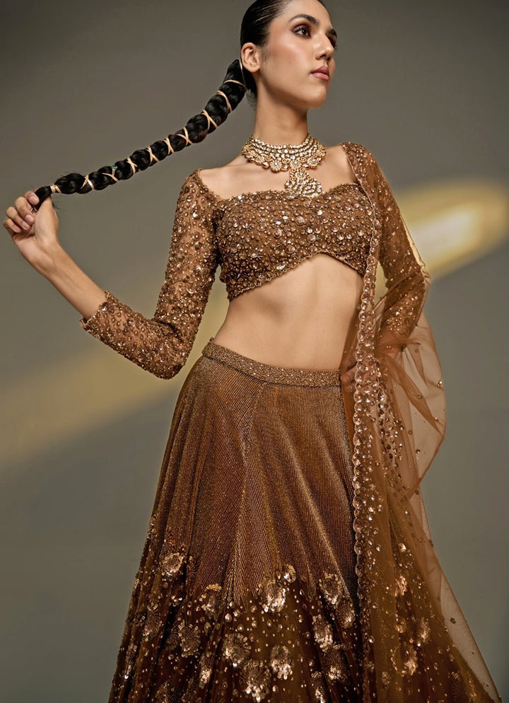 Gold Sequinned Bridal Lehenga Set Prevasu - Fabilicious Fashion