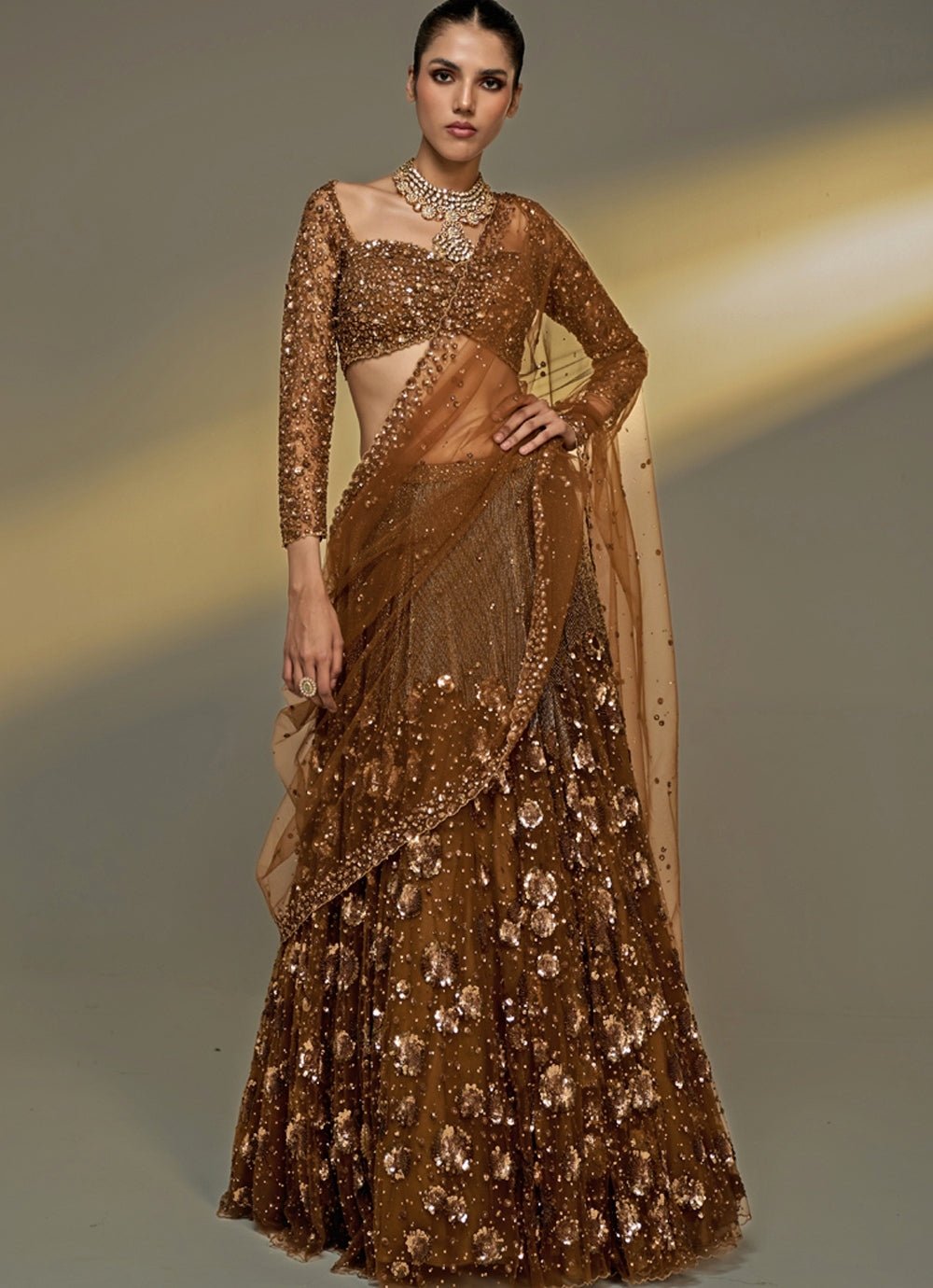 Gold Sequinned Bridal Lehenga Set Prevasu - Fabilicious Fashion