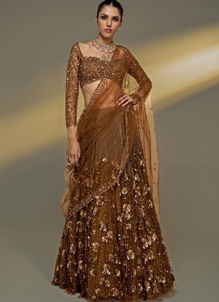 Gold Sequinned Bridal Lehenga Set Prevasu - Fabilicious Fashion