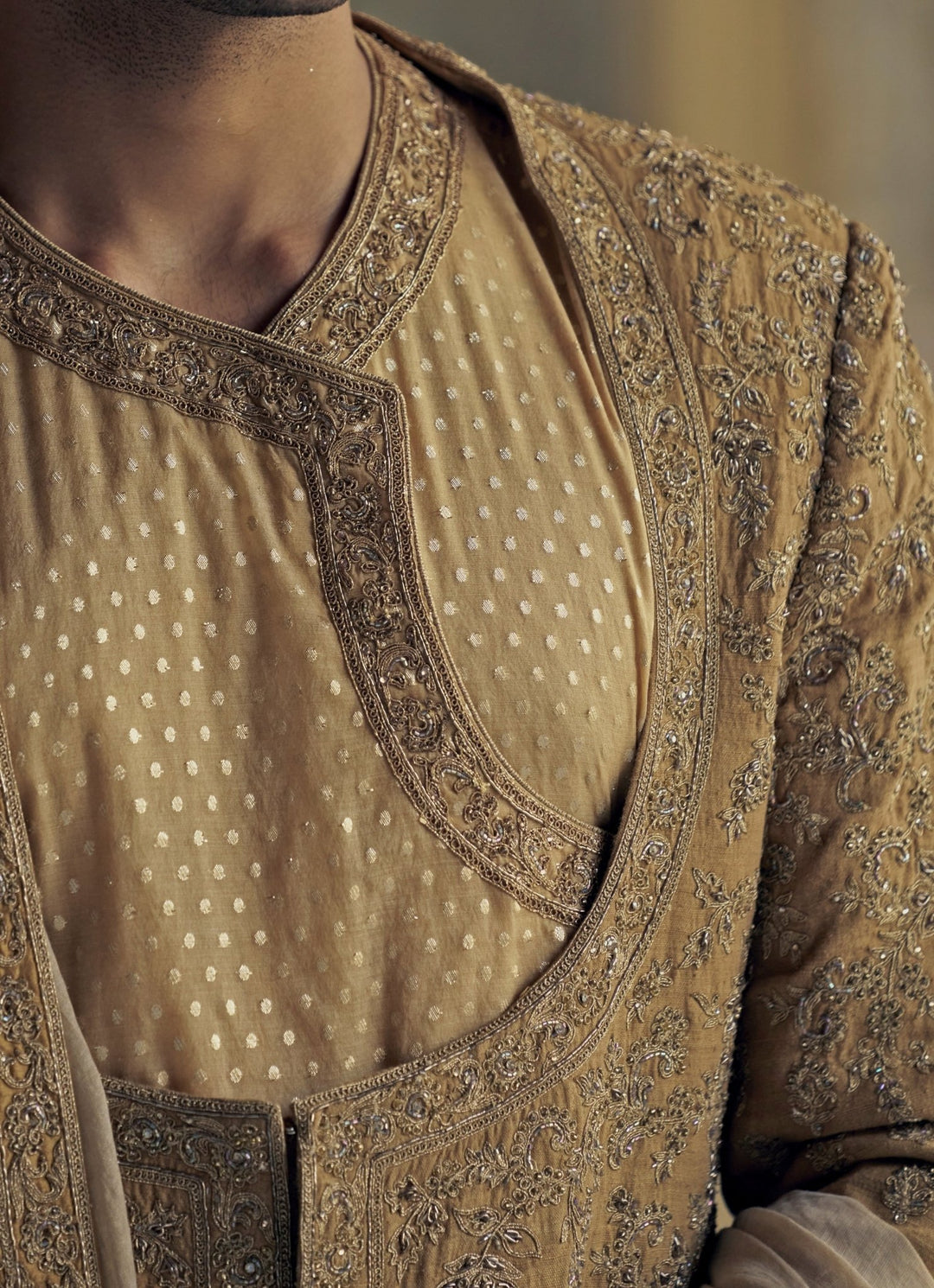 Gold Silk Angrakha Embroidered Sherwani Set Nitika Gujral - Men - Fabilicious Fashion