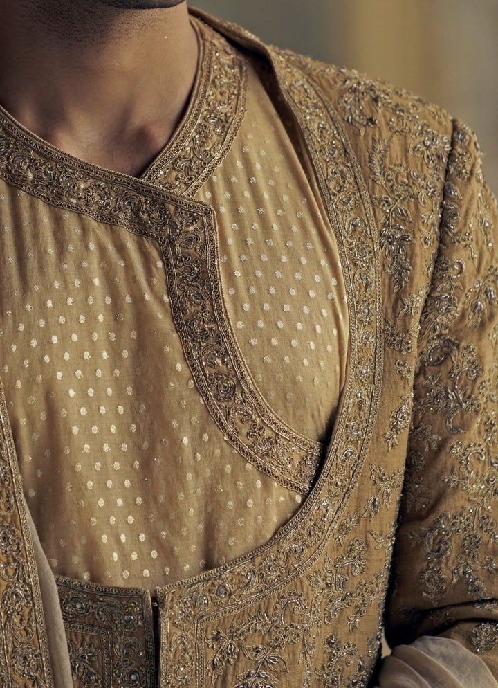 Gold Silk Angrakha Embroidered Sherwani Set Nitika Gujral - Men - Fabilicious Fashion