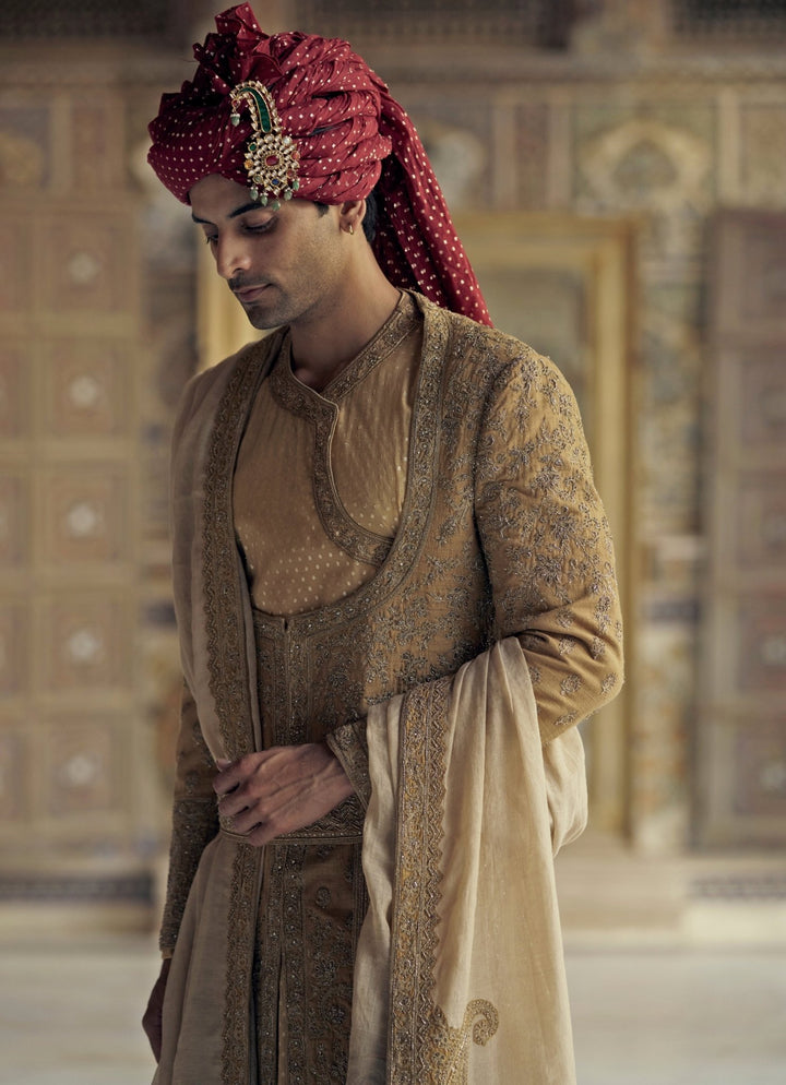 Gold Silk Angrakha Embroidered Sherwani Set Nitika Gujral - Men - Fabilicious Fashion