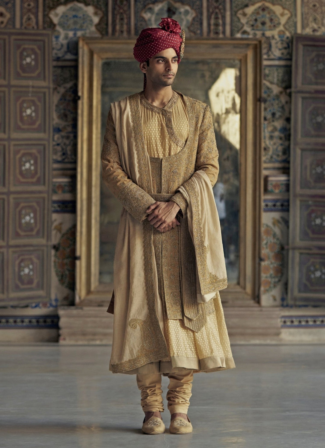 Gold Silk Angrakha Embroidered Sherwani Set Nitika Gujral - Men - Fabilicious Fashion
