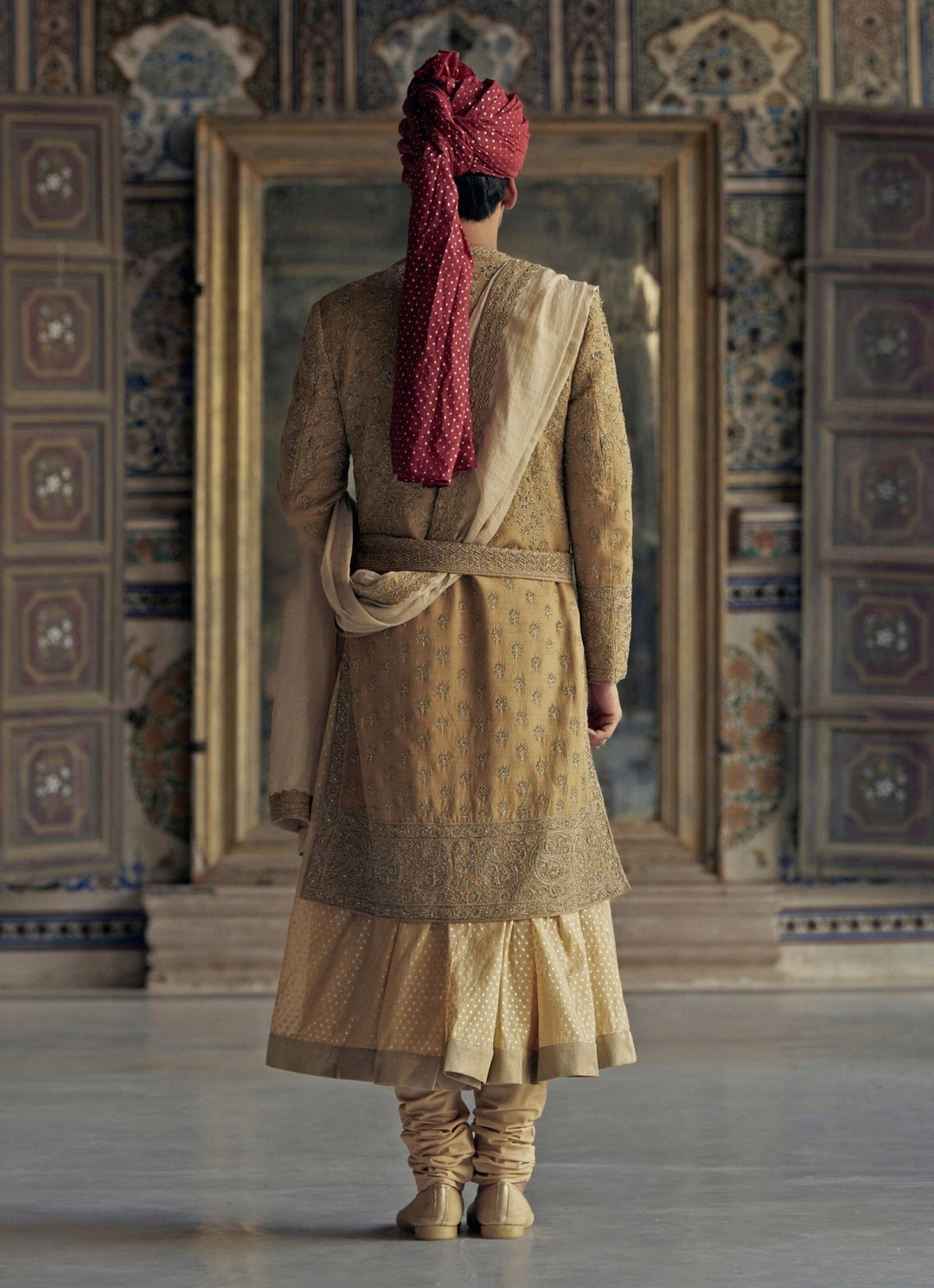 Gold Silk Angrakha Embroidered Sherwani Set Nitika Gujral - Men - Fabilicious Fashion