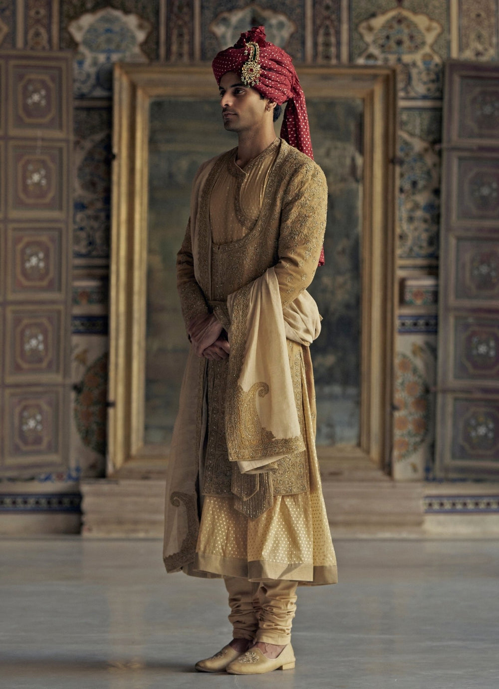 Gold Silk Angrakha Embroidered Sherwani Set Nitika Gujral - Men - Fabilicious Fashion