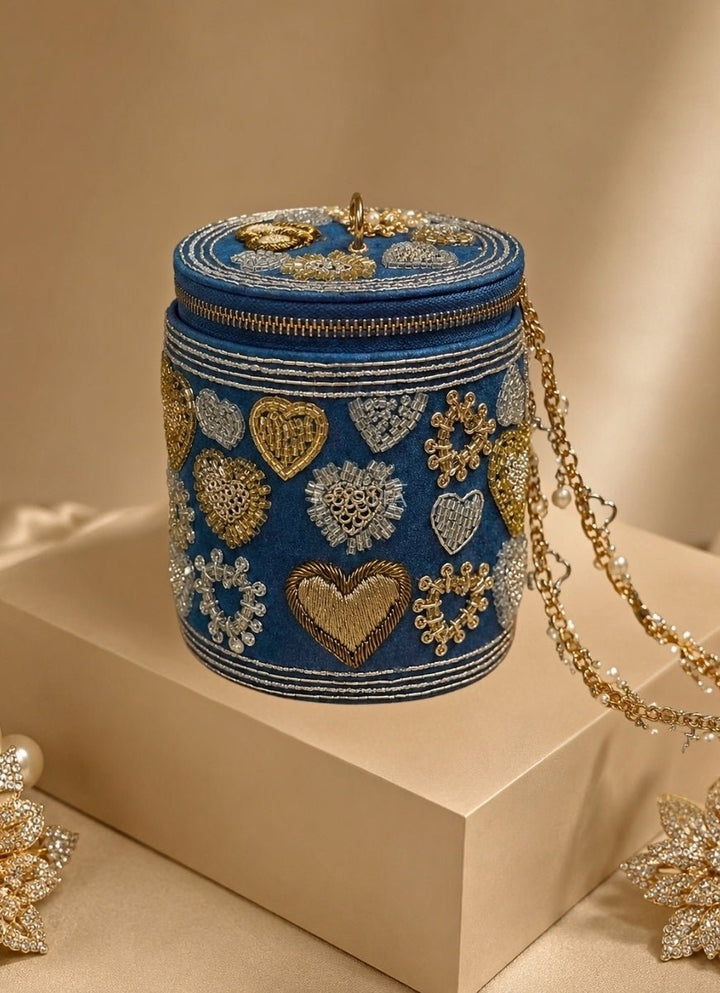 House of Kosha Gold &amp; Silver Denim Embroidered Cylinder Mini BagFabilicious Fashion