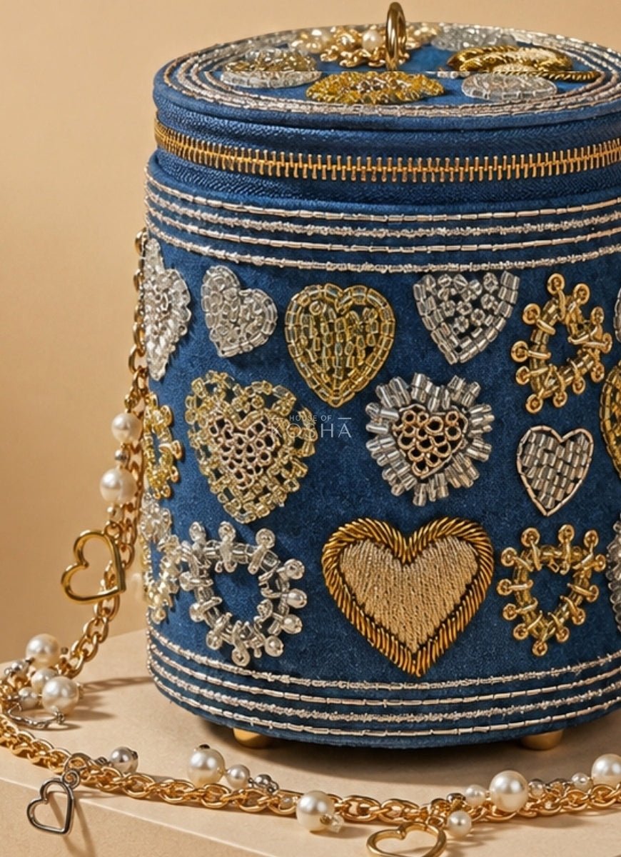 House of Kosha Gold & Silver Denim Embroidered Cylinder Mini BagFabilicious Fashion