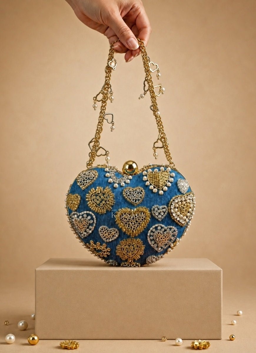 House of Kosha Gold & Silver Denim Embroidered Heart BagFabilicious Fashion