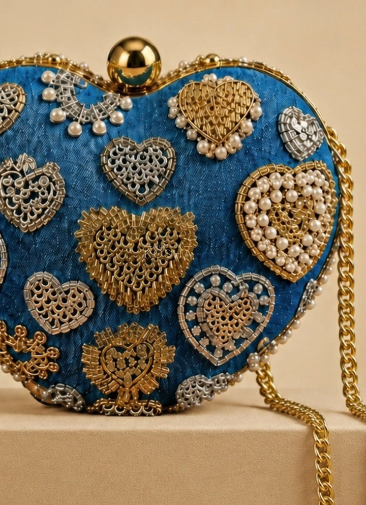 House of Kosha Gold &amp; Silver Denim Embroidered Heart BagFabilicious Fashion