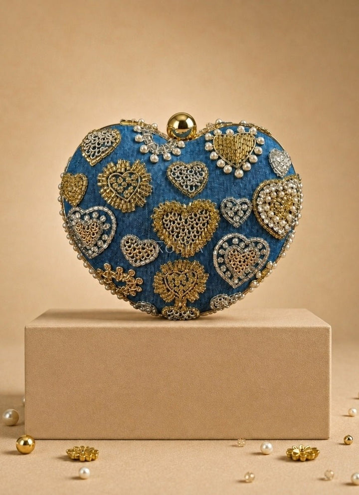 House of Kosha Gold &amp; Silver Denim Embroidered Heart BagFabilicious Fashion