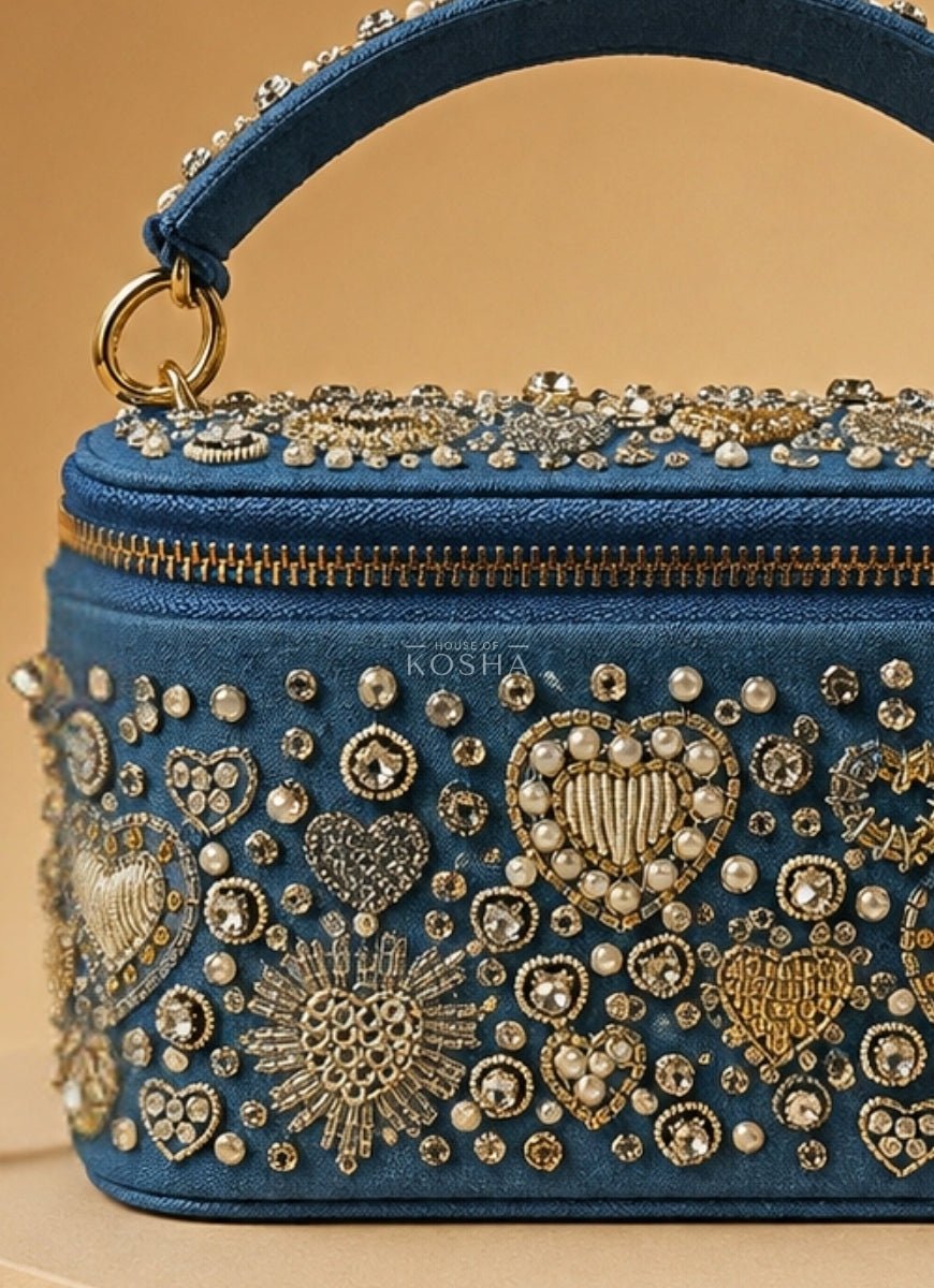 House of Kosha Gold &amp; Silver Denim Embroidered Vanity BagFabilicious Fashion