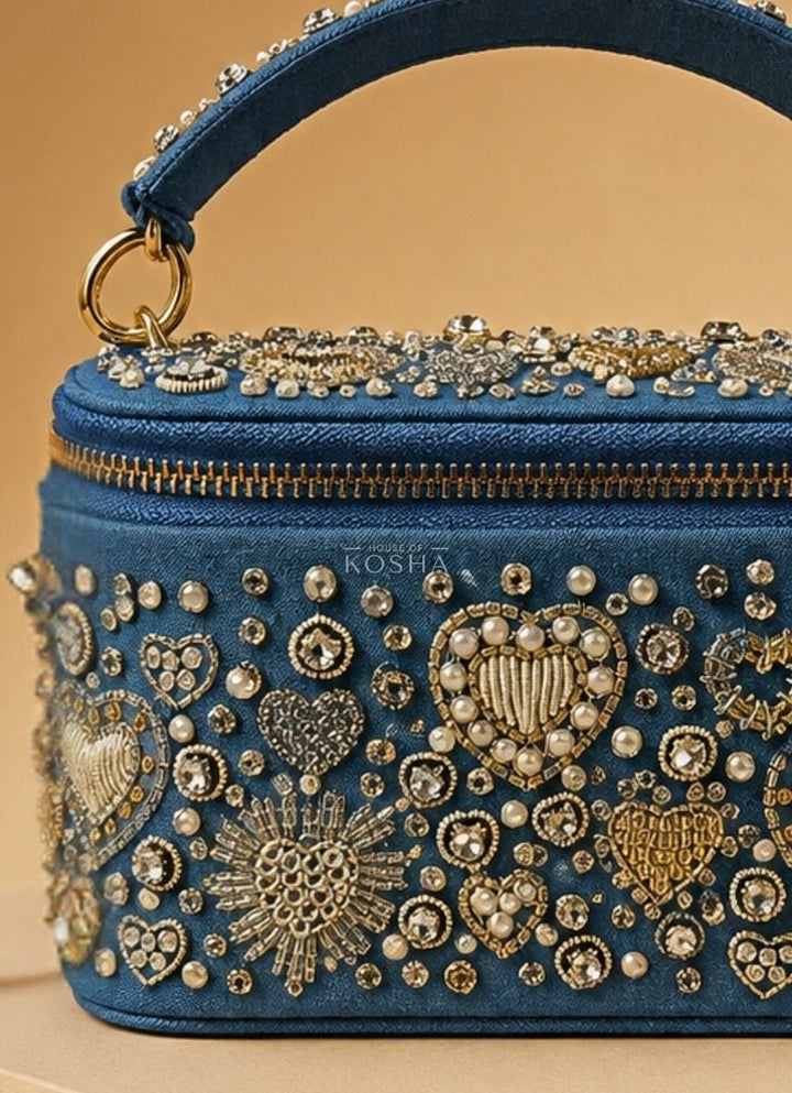 House of Kosha Gold &amp; Silver Denim Embroidered Vanity BagFabilicious Fashion