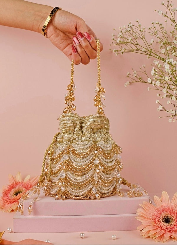 Gold & Silver Georgette Embellished Bucket Bag