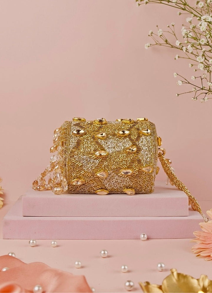 Gold &amp; Silver Georgette Embellished Cylinder Mini Bag House of Kosha - Fabilicious Fashion