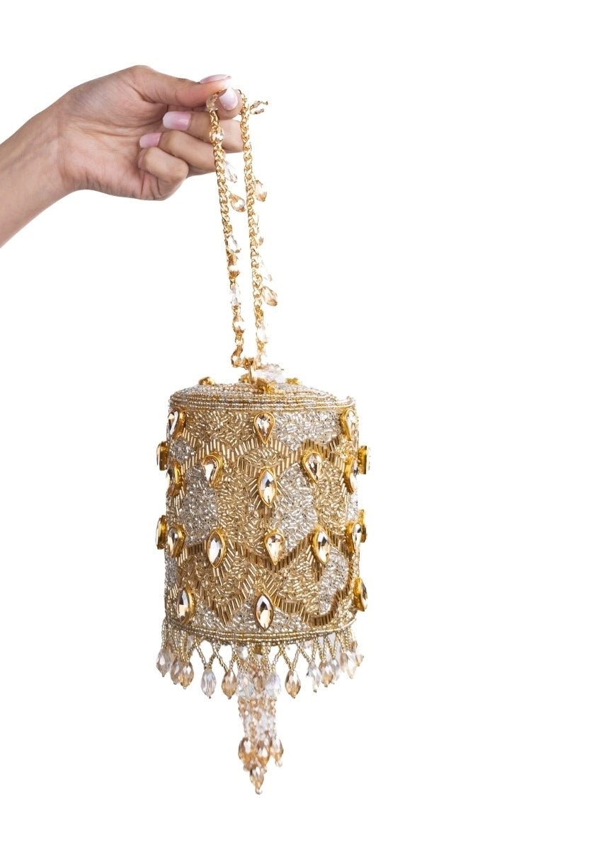Gold &amp; Silver Georgette Embellished Cylinder Mini Bag House of Kosha - Fabilicious Fashion