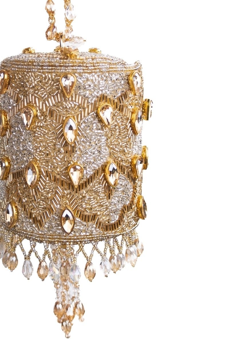 Gold &amp; Silver Georgette Embellished Cylinder Mini Bag House of Kosha - Fabilicious Fashion