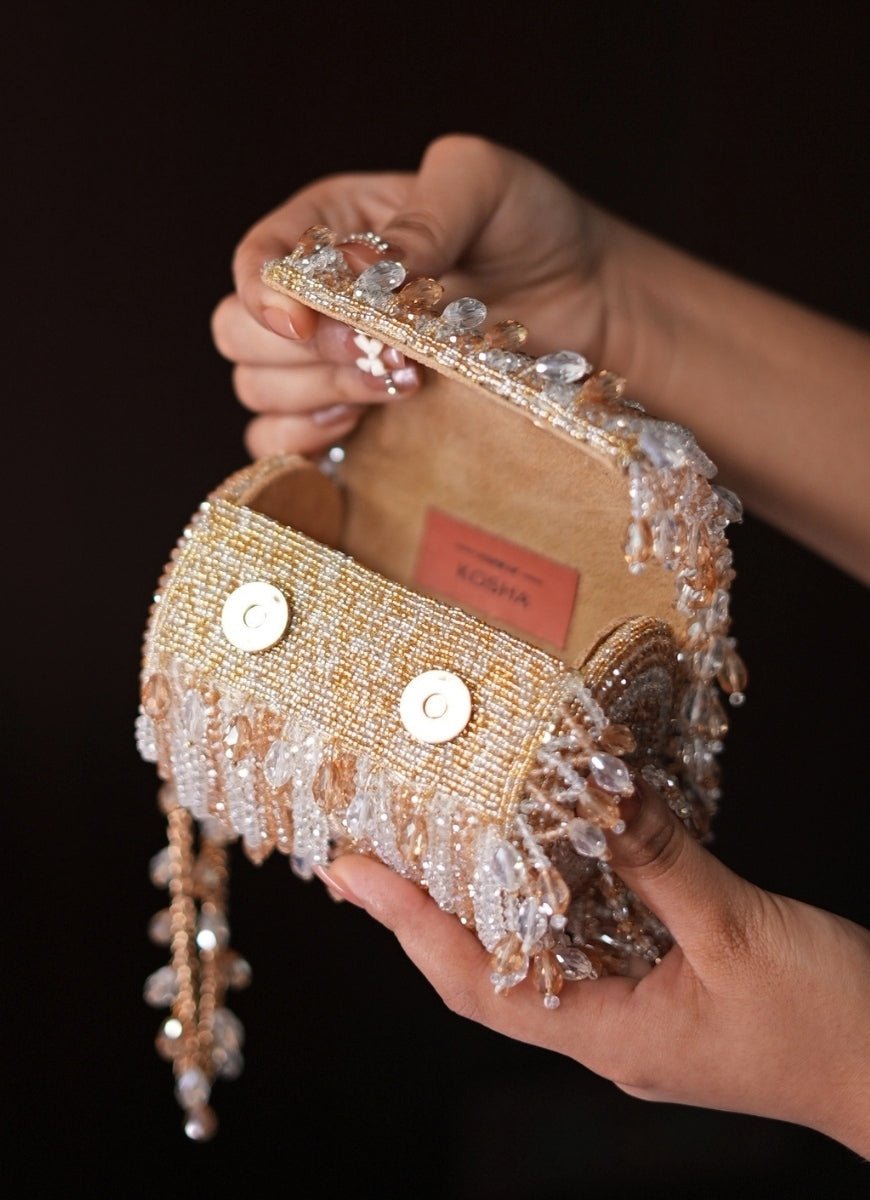 Gold & Silver Georgette Embellished Mini Cylinder Bag House of Kosha - Fabilicious Fashion