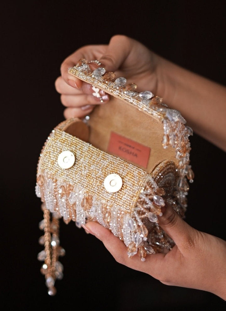 Gold &amp; Silver Georgette Embellished Mini Cylinder Bag House of Kosha - Fabilicious Fashion