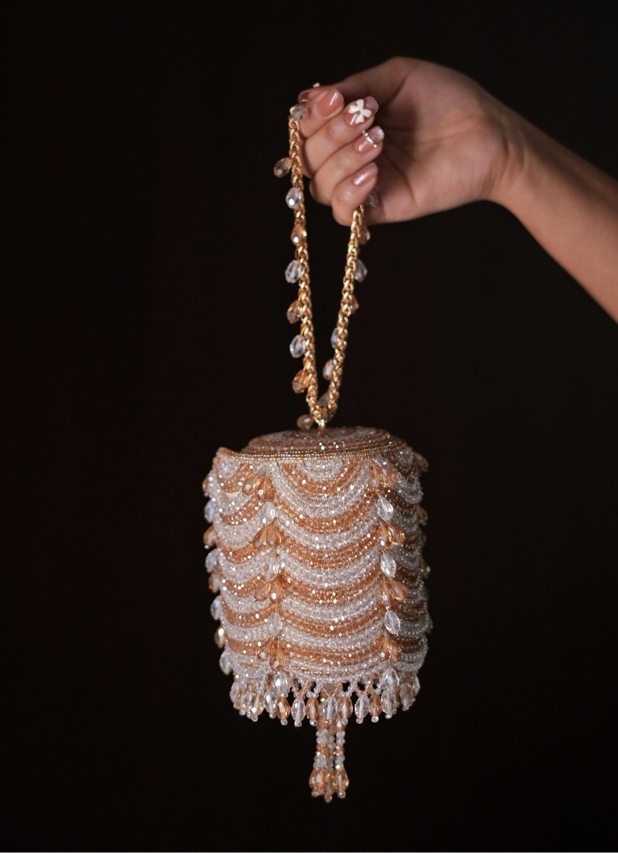 Gold & Silver Georgette Embellished Mini Cylinder Bag House of Kosha - Fabilicious Fashion