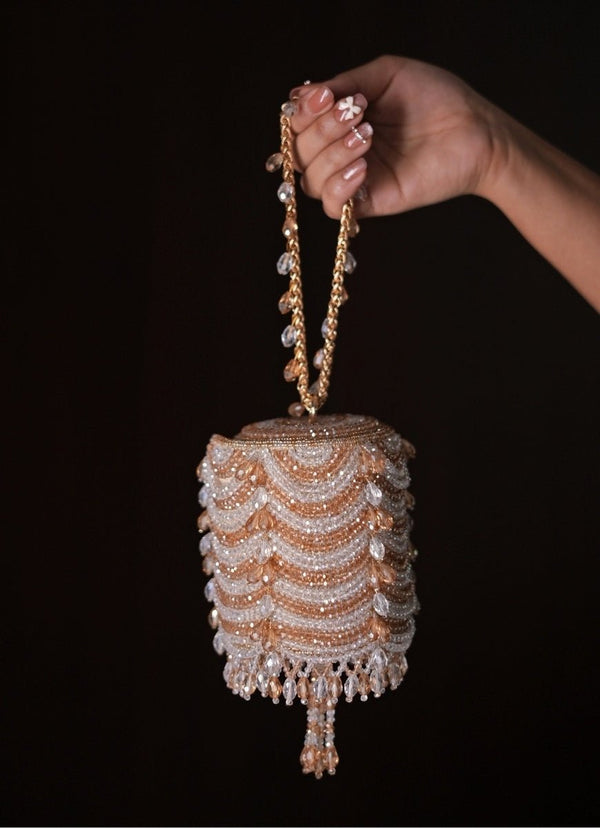 Gold & Silver Georgette Embellished Mini Cylinder Bag