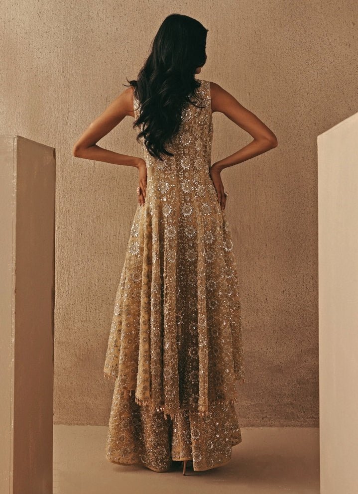 Gold Soft Net Asymmetric Sherwani With Pants Twenty Nine - Fabilicious Fashion