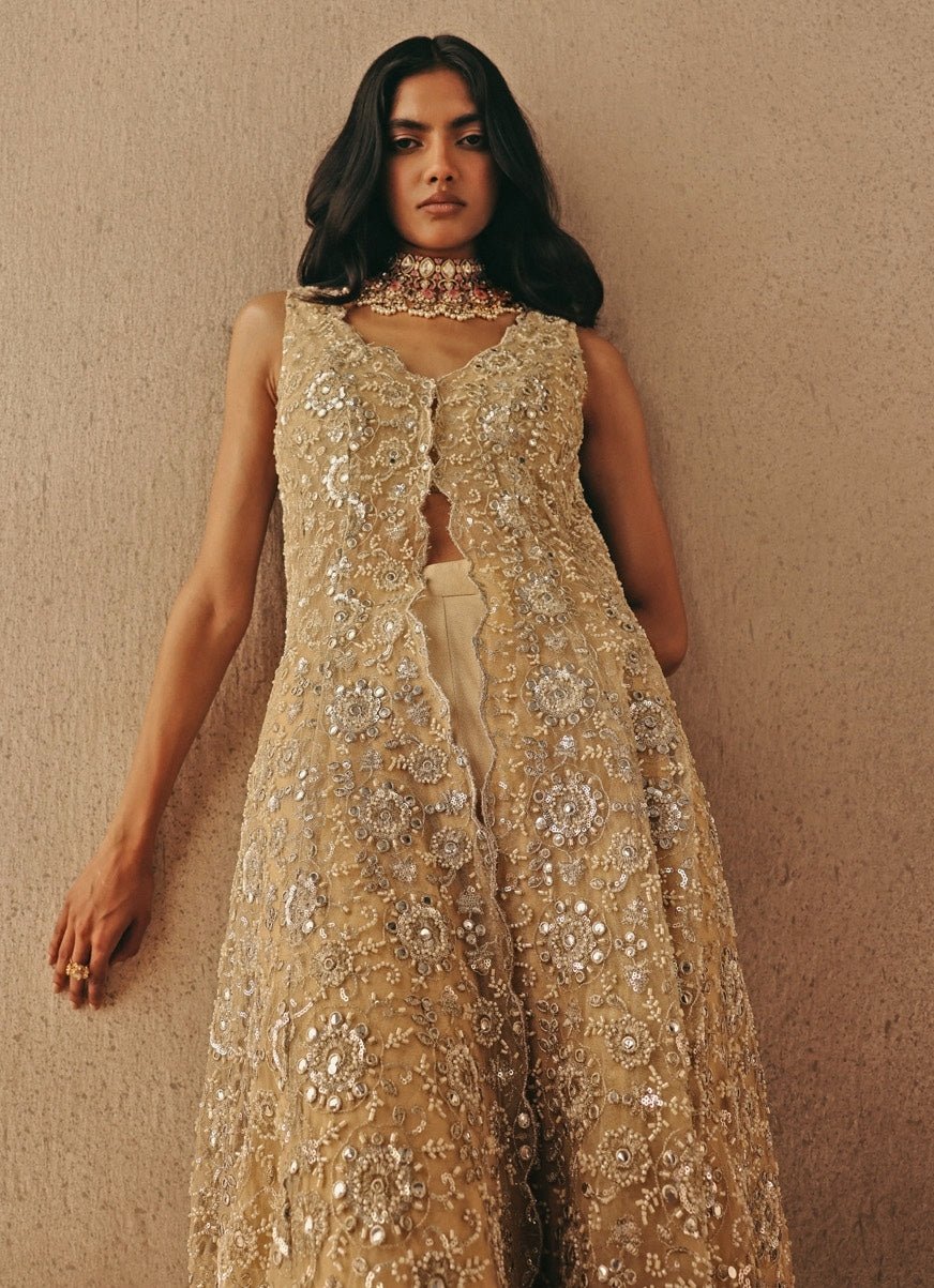 Gold Soft Net Asymmetric Sherwani With Pants Twenty Nine - Fabilicious Fashion